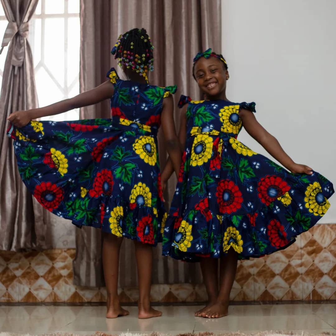 Fashionably Belle, Floral African cotton based print knee length full flair dress for princesses with hair band
