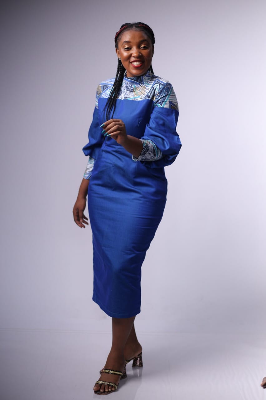 Boldly Beautiful, jean and African print combined midi dress with pockets