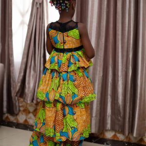 Cherry blossom Princess, African print 4 layered ball gown with a lace combination at the neck and waist for kid
