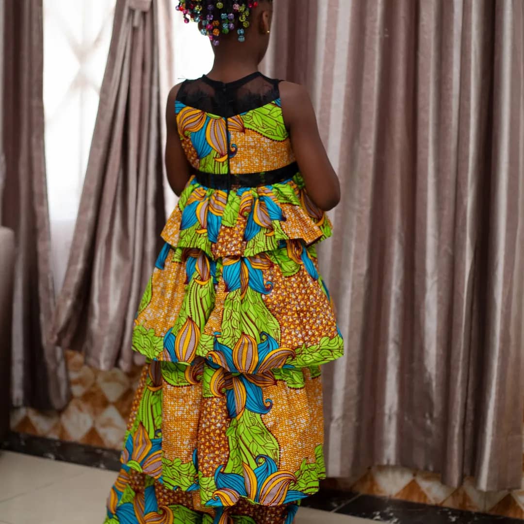 Cherry blossom Princess, African print 4 layered ball gown with a lace combination at the neck and waist for kid