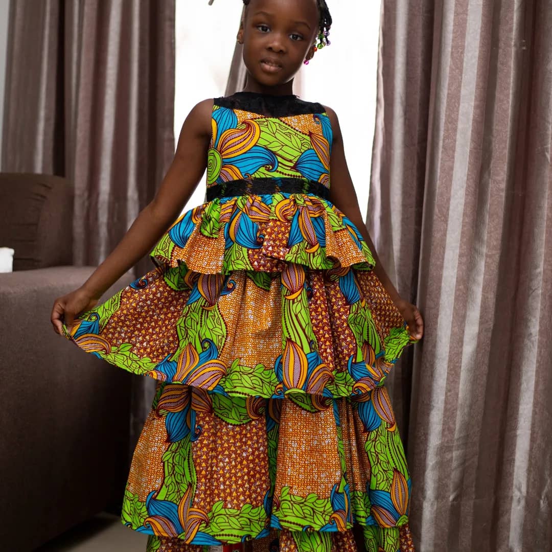 Cherry blossom Princess, African print 4 layered ball gown with a lace combination at the neck and waist for kid